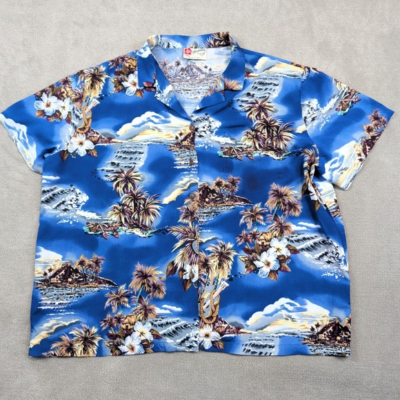 Hilo Hattie Vintage Hawaiian Shirt XL Blue Tropical Palm Tree Rayon Aloha Camp — photo 2